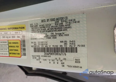 2013 Ford Fusion Titanium from USA, damaged, VIN 3FA6P0K97DR167176